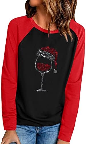 T-Shirt Kadınlar için Noel şarap bardağı Baskılı Renk Bloğu Uzun Kollu Raglan Tees Tops Casual Kazak Kazak