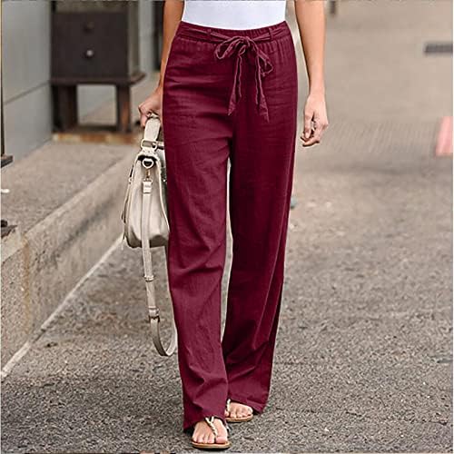 Amikadom Bayan Pantolon Pantolon Keten Brunch Yüksek Bacak Bandaj Düz Bacak Elastik Bel Düz Yaz Sonbahar Pantolon