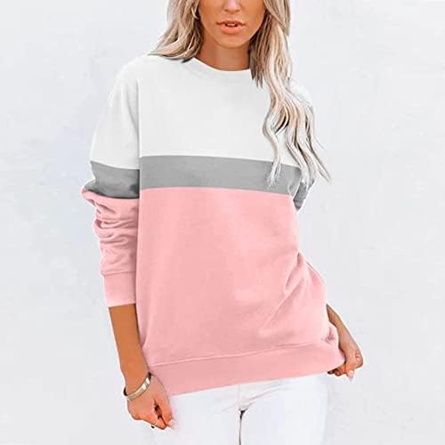 Moda Tişörtü Kadınlar için 2023 Moda Rahat Kış Uzun Kollu Crewneck Renk Bloğu Kazak Bluz Cepler ile