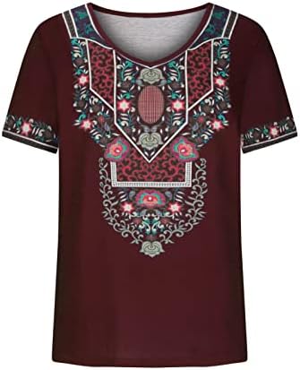 Yaz Tees Kadınlar için Vintage Aztek Baskılı Kısa Kollu pamuklu üst giyim Gömlek Casual V Boyun Gevşek Fit Tunik