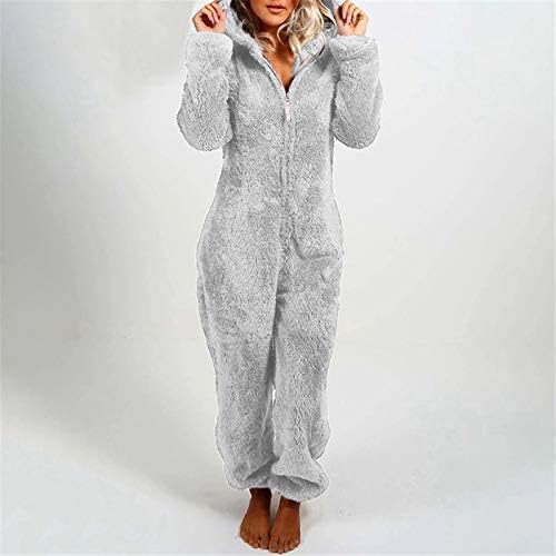 Onesie Pijama Bayan Sıcak Polar Tulum Kabarık Bulanık Kapşonlu Pijama Uzun Kollu Yumuşak Kış Kalın Fermuar Kıyafeti