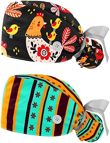 Düğme ve Ter bandı ile Tavuk Çiçek Çalışma Kapağı, 2 paket Cerrahi Cerrahi Şapkalar At Kuyruğu Tutucu, Çok Renkli
