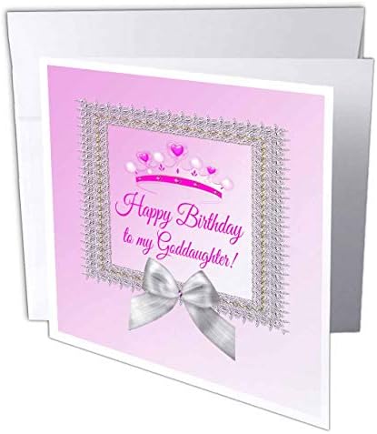 3dRose Princess Crown Gümüş Çerçeve, Fiyonk, Doğum Günün Kutlu Olsun, Vaftiz Kızı, Pembe Tebrik Kartı, 6 x 6, Tekli