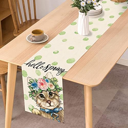 Seliem Merhaba Bahar Kedi Kitty Masa Koşucu, Sevimli Yavru Hayvan Yeşil Puanl Mutfak Yemek Masası Dekor, çiçekler