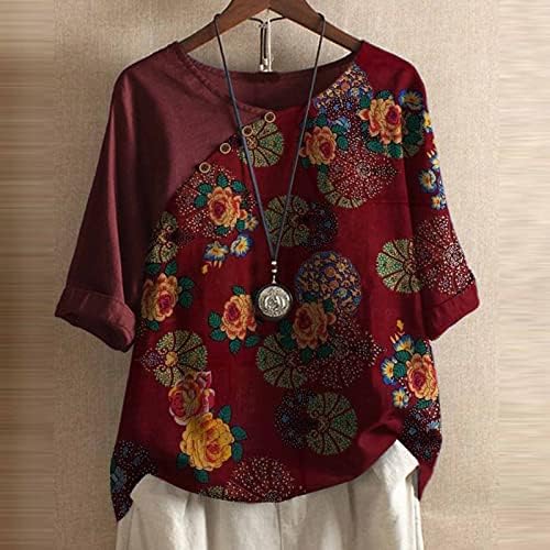 Bayan Artı Boyutu Keten T Shirt Vintage Çiçekli Baskılı Düğme Bluzlar Crewneck Yarım Kollu Tees Yaz Gevşek Tops