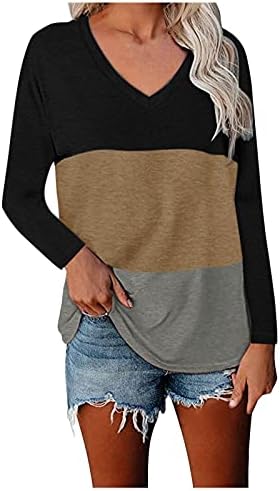 Balakie Kadınlar Casual Uzun Kollu Tee Üstleri Şerit Baskılı V Yaka Renk Blok T Shirt Gevşek Tunikler Bluzlar