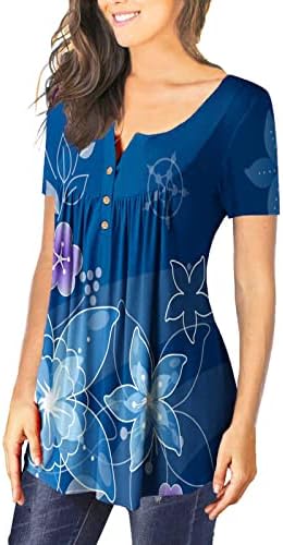 Kadın Çiçek Tunik Üstleri Kısa Kollu V Boyun Casual bluz Düğmeleri moda T-Shirt Gömlek Flare ve Akıcı Tee Üst