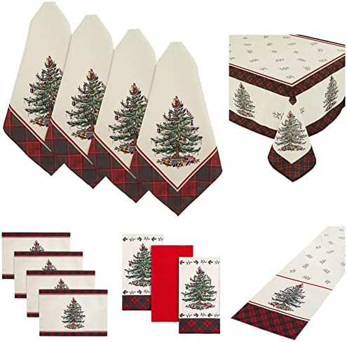Avanti Linens-Spode Noel Ağacı Koleksiyonu Paketi, Yemek Odası ve Mutfak için Noel Dekoru (Kırmızı Tartan / Fildişi)
