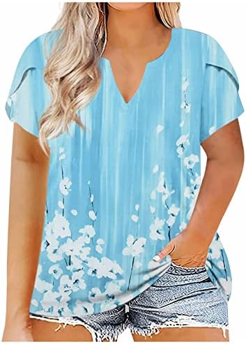 Bayan Artı Boyutu Üstleri Kısa Kollu V Yaka T-Shirt Kravat Boya Tunik Katı Fırfır Gevşek Fit Flowy Bluz Tops XL-5XL