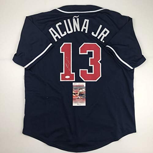 İmzalı / İmzalı Ronald Acuna Jr. Atlanta Mavi Beyzbol Forması JSA COA