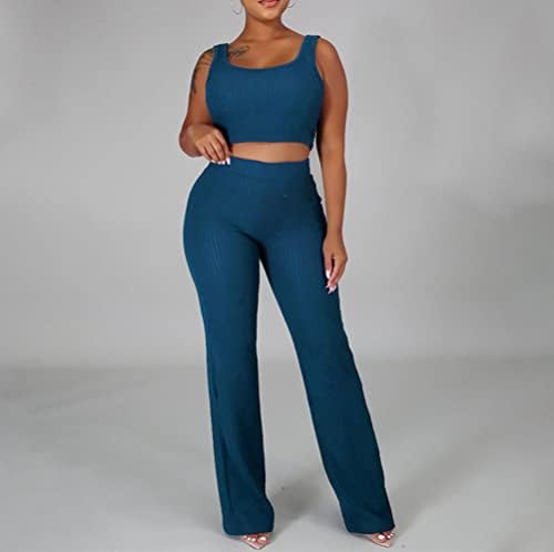 HANMAX kadın 2 Parça Kıyafetler Set Nervürlü Kısa Kollu Rahat Kırpma Üst Geniş Bacak Pantolon Takım Elbise Seti