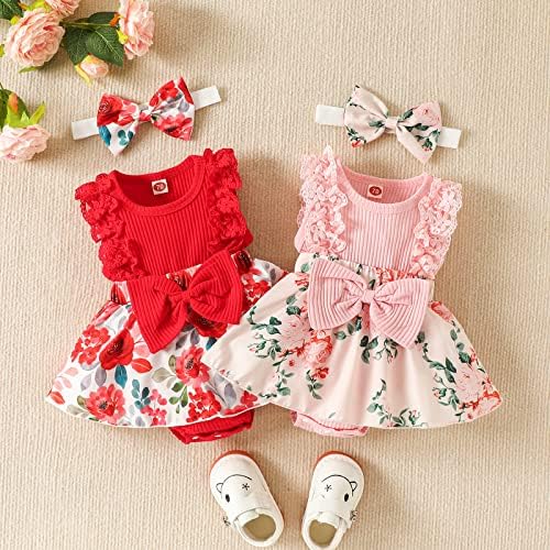 Yenidoğan Bebek Kız Yaz Romper Çiçek Baskı Dantel Kolsuz Romper Elbise Yay Bandı ile Sevimli Giysiler