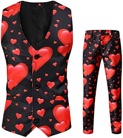XXBR sevgililer Günü için 2 Parça Takım Elbise Mens, aşk Kalp Baskılı Yelek Yelek Pantolon Pantolon Slim Fit Parti