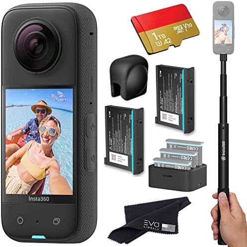 Insta360 X3-Waterproof 360 Eylem Kamera Paketi Ekstra 2 Pil, Şarj Cihazı, Görünmez Selfie Çubuğu, Lens Kapağı ve