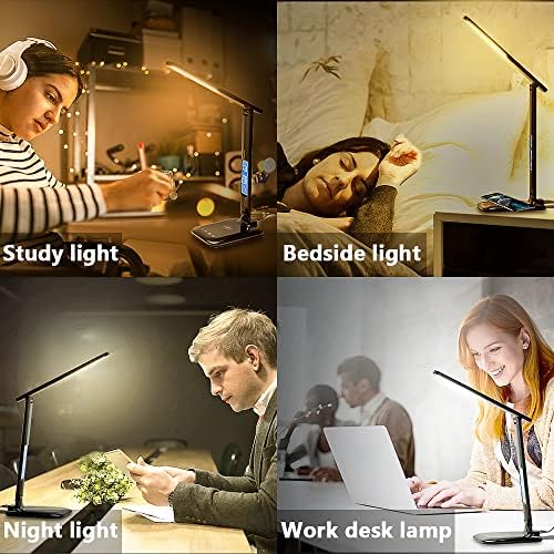 FateFan LED Masa Lambası, 15 Parlaklık Modu Masa Lambası, USB Şarj Portlu Katlanabilir Ofis Lambası, Saat, Alarm,