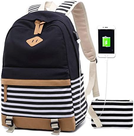 AM SeaBlue Kadın Laptop Sırt Çantası Lise Bookbag 15.6 inç Rahat Seyahat Koleji Tuval ile USB şarj portu (1-Siyah)