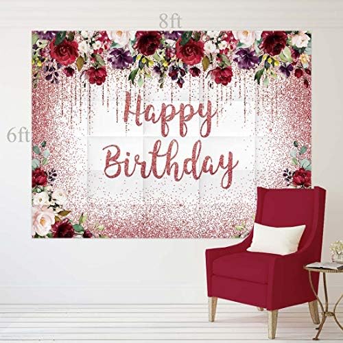 Allenjoy 8x6ft Bordo Kırmızı Çiçek Doğum Günü Zemin Gül Altın Glitter Allık Mutlu Doğum Günü Parti Malzemeleri Dekorasyon