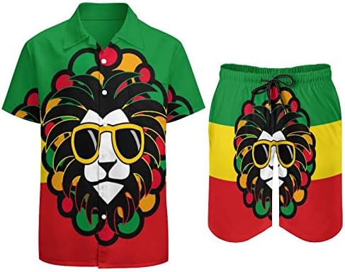 Aslan Gözlük Jamaika Rasta erkek 2 Parça Plaj Kıyafetleri Hawaiian Düğme Aşağı Kısa Kollu Gömlek ve Şort Takım Elbise
