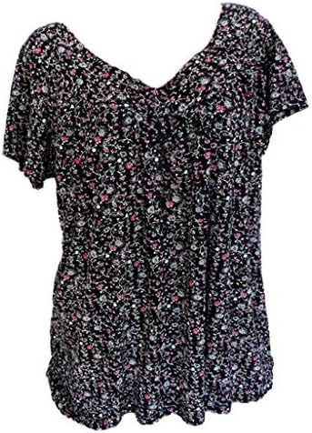 Bayan Artı Boyutu Yaz Üstleri, Çiçek Bluzlar V Boyun Tunik Üstleri Fırfır Flowy Kısa Kollu Temel T Shirt, S-5XL