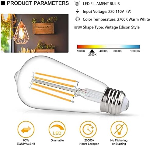 Xianfei LED Edison Ampul, Sıcak Beyaz 2700 k, St64 LED Filament Ampul, 4 W (40 W Eşdeğer), 80 Lümen, Retro Avize