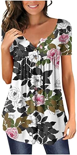 Bayan Çiçek Üstleri Kısa Kollu Tunik Gizlemek Göbek Gömlek Elastik Bluz V Boyun Düğmesi Yumuşak T-Shirt Flowy Pleats