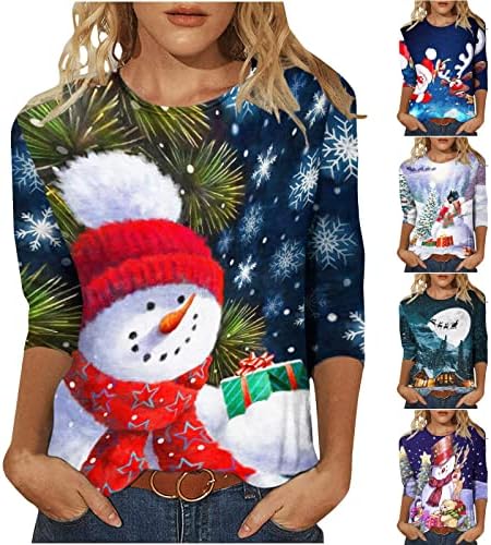 Çirkin Noel Kazak Kadınlar için 3/4 Kollu Crewneck Kazak Tops 3D Kardan Adam Noel Ağacı Baskı Komik Grafik T Shirt