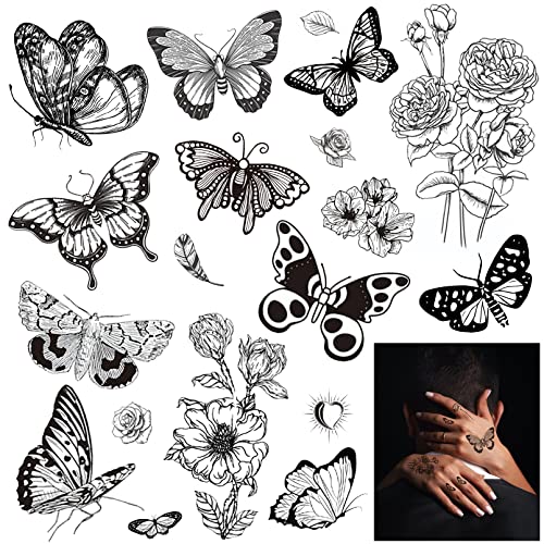 Cascıybo Siyah Kelebek Geçici Dövmeler Kadınlar Kızlar için, 6 Yaprak Büyük Sahte Çiçek Kelebekler Kanatları Gerçekçi