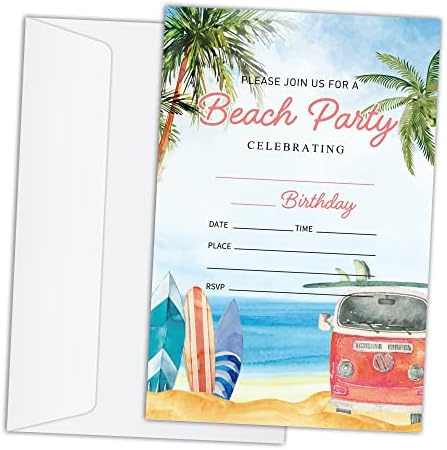 RLCNOT Doğum Günü Davetiyeleri Kartları Zarf Seti 20-Plaj Partisi Sörfçü Doğum Günü Partisi Davetiyeleri Çocuklar
