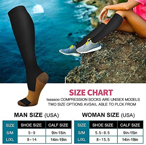 Iseasoo Bakır varis çorabı Erkekler ve Kadınlar İçin Sirkülasyon İçin En İyi Koşu Yürüyüş Bisiklet 15-20 mmHg