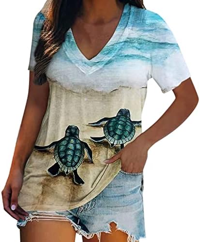 Kadın Yaz Üstleri Kısa Kollu V Yaka T Shirt Deniz Kaplumbağası Baskılı Plaj Tees Tatil T-Shirt Casual Gevşek Fit
