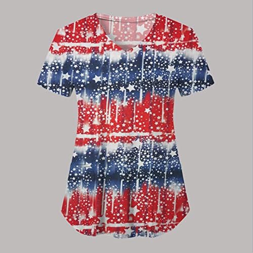 4th Temmuz Bluz Kadınlar için Amerikan Bayrağı Yaz Kısa Kollu V Boyun T-Shirt 2 Cepler Bluzlar Tatil Rahat İş Giysisi