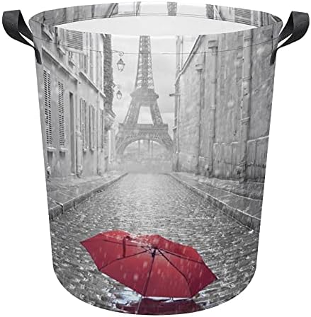 FoDuoDuo çamaşır sepeti Yağmurda Kırmızı Şemsiye Eyfel Kulesi Kulplu Çamaşır Sepeti Katlanabilir Sepet Kirli giysi