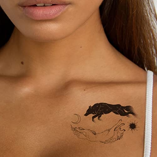 ASDFGH Siyah Kurt Güneş Su Geçirmez Geçici Dövme Etiket Beyaz Tilki Ay Sahte Dövmeler Flaş Dövme Kol Göğüs Boyun