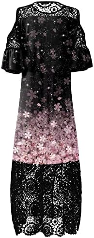 Bayan Artı Boyutu Abiye Dantel Soğuk Omuz Ekip Çiçek Boyun Rahat Uzun Düz Parti Maxi Elbise