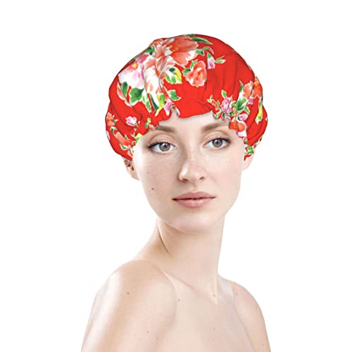 Kadınlar Kullanımlık Streç Hem Saç Şapka Çin Asya Çiçek Kırmızı Ekose Çift Katmanlar Su Geçirmez Duş Başlığı banyo