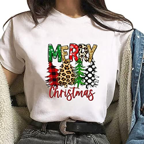 BRKEWI Beyaz Kısa Kollu Gömlek Kadın Crewneck Tunik Üstleri Temel Sevimli Noel T-Shirt Gevşek Rahat Yeni Yıl 2023