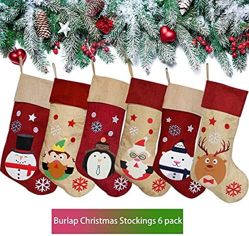 K-MLİCE Çuval Bezi Noel Çorapları 6'lı Set, Rustik Ev Dekoru için Büyük Aile Çiftlik Evi Noel Çorabı, Noel Süsleri