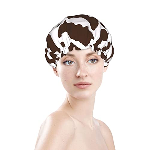 Kadınlar Kullanımlık Streç Hem Saç Şapka Kahverengi İnek Nokta Baskı Çift Katmanlar Su Geçirmez Duş Başlığı banyo