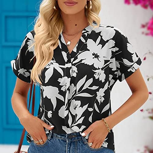 V Yaka Çiçek Baskı Üstleri Kadın Yaz Rahat Gevşek T Shirt Rahat Kısa Kollu Düğme Henley Tshirt Bluzlar Tunikler