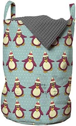 Ambesonne Noel Çamaşır Torbası, Penguenler ile Vintage Tatil Deseni Kuzey Kutbu'nda Komik Kutup Hayvanları Noel,