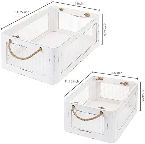 MyGift Vintage Beyaz Ahşap saklama kutusu Kolları ve Örgü Tel Yan Paneller, 2 Adet Dekoratif Sepet Kutuları